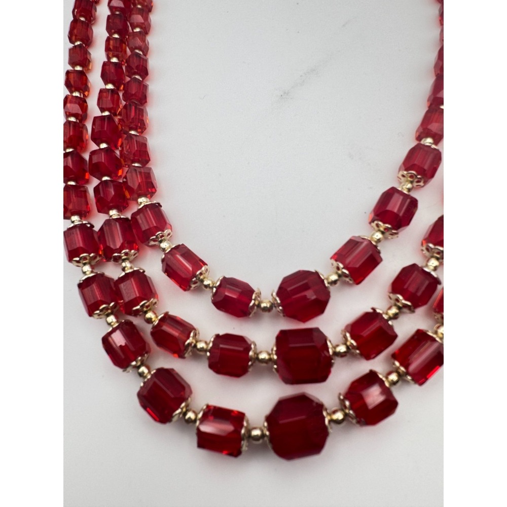 Vintage Cherry Red‎ Beaded Necklace Japan Multi Strand Faceted